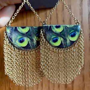 Such Fun - Large Peacock Gold Chain Fringe Post Earrings - Drag Queen Earrings